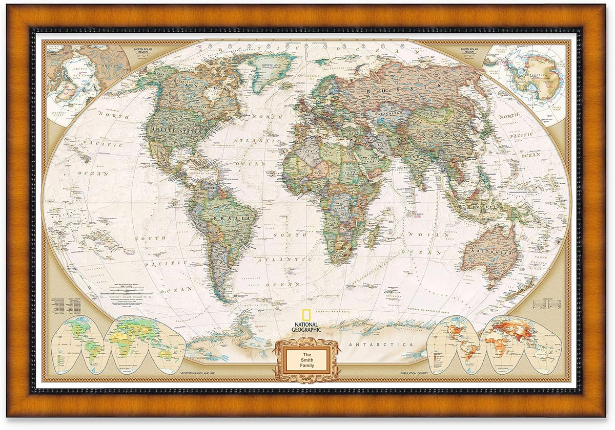 Executive World Map with Pecan and Ebony Frame G541128
