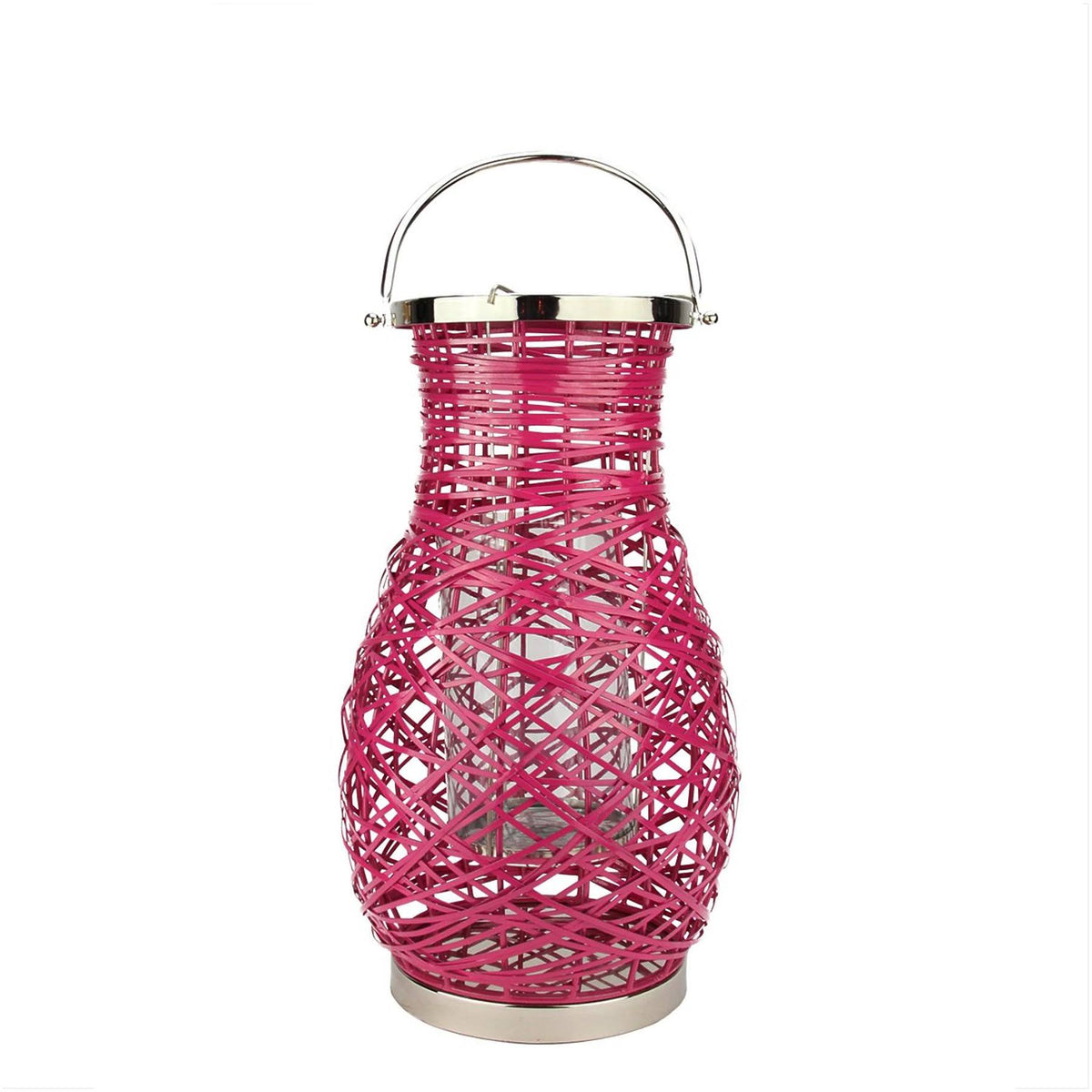 Fuschia Pink Decorative Woven Iron Pillar Candle Lantern with Glass Hurricane D821822