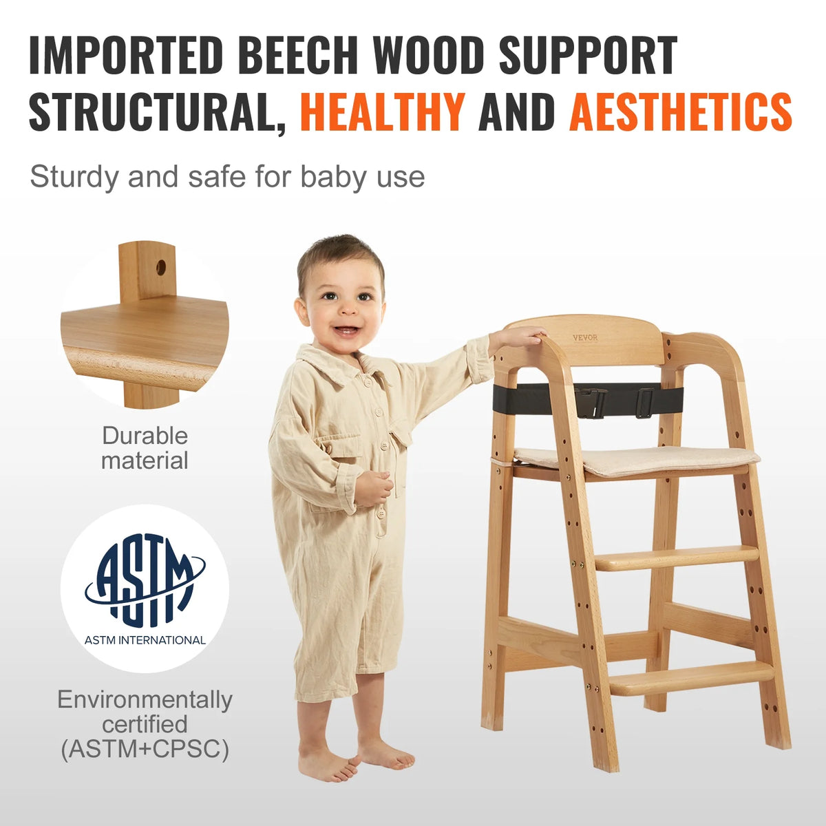 Wooden Baby HighChair with Adjustable Legs Solid Wood B101