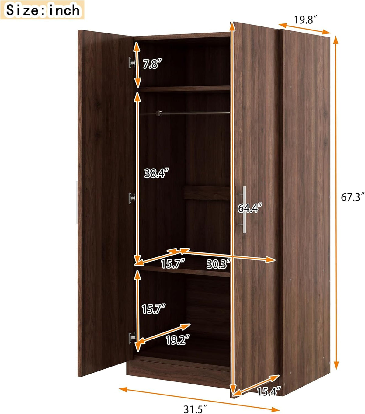 Freestanding Mirror Wardrobe with 2 Drawers & Shelves, Hanging Rod, Brown F584722
