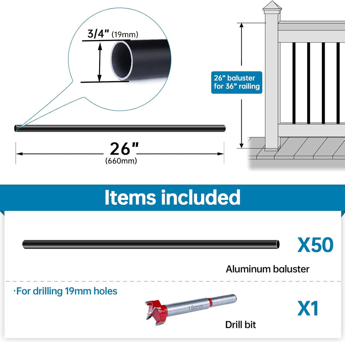 50pack 26”x3/4” Aluminum Deck Balusters Black Z80171
