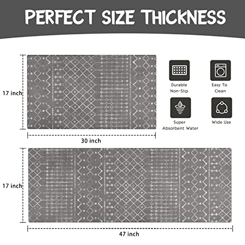 Boho Kitchen Mat Set of 2 Non Skid Washable Dark Grey 17"x47"+17"x30" F4350