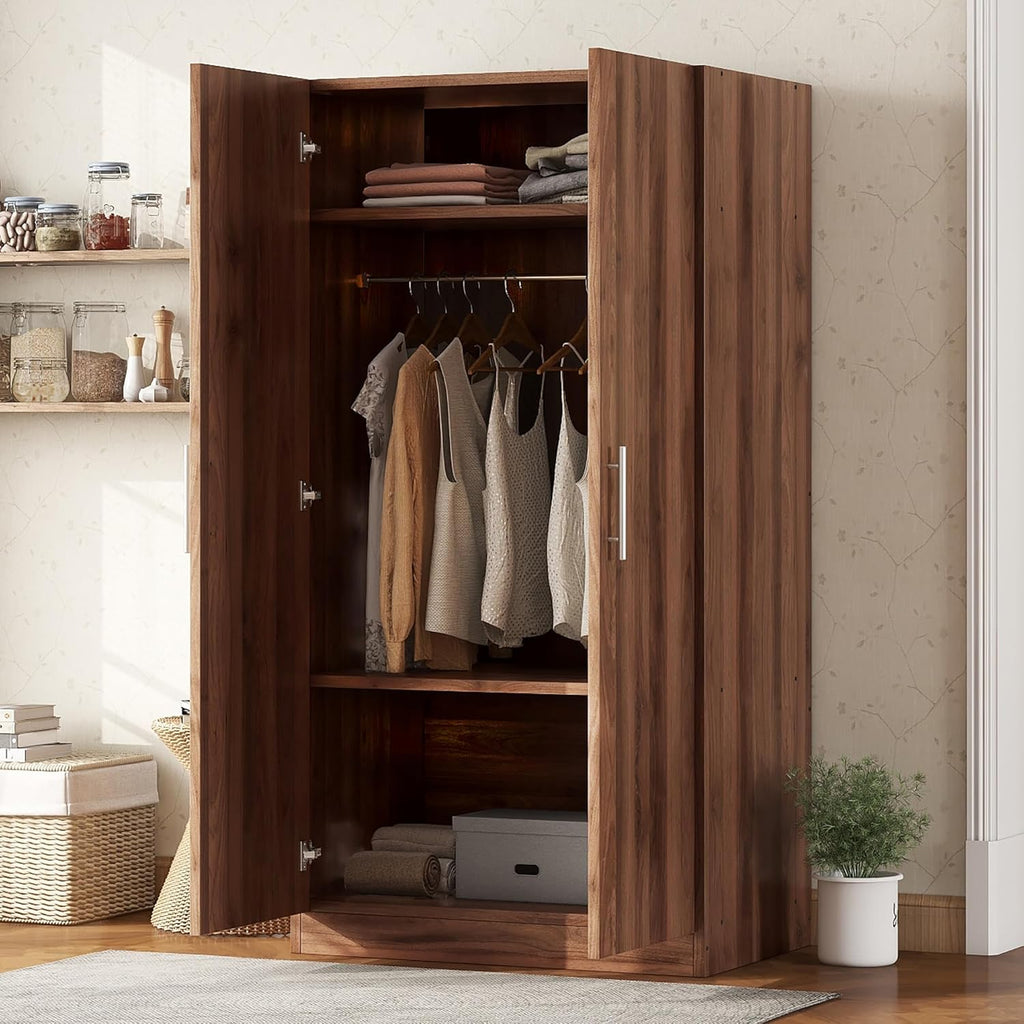 Freestanding Mirror Wardrobe with 2 Drawers & Shelves, Hanging Rod, Brown F584722