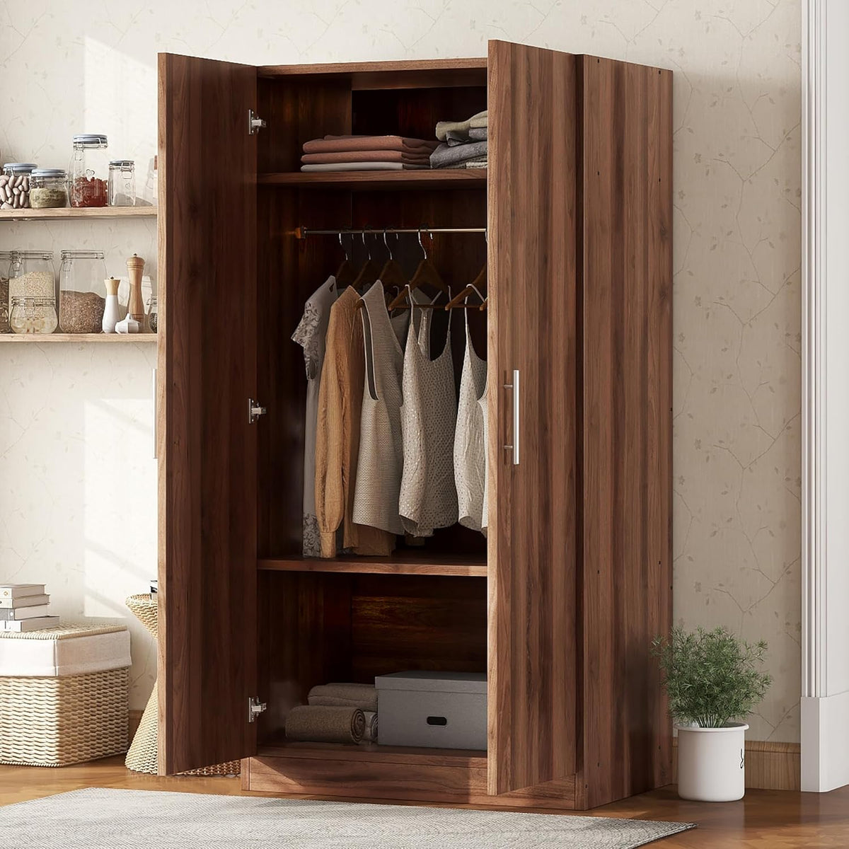 Freestanding Mirror Wardrobe with 2 Drawers & Shelves, Hanging Rod, Brown F584722