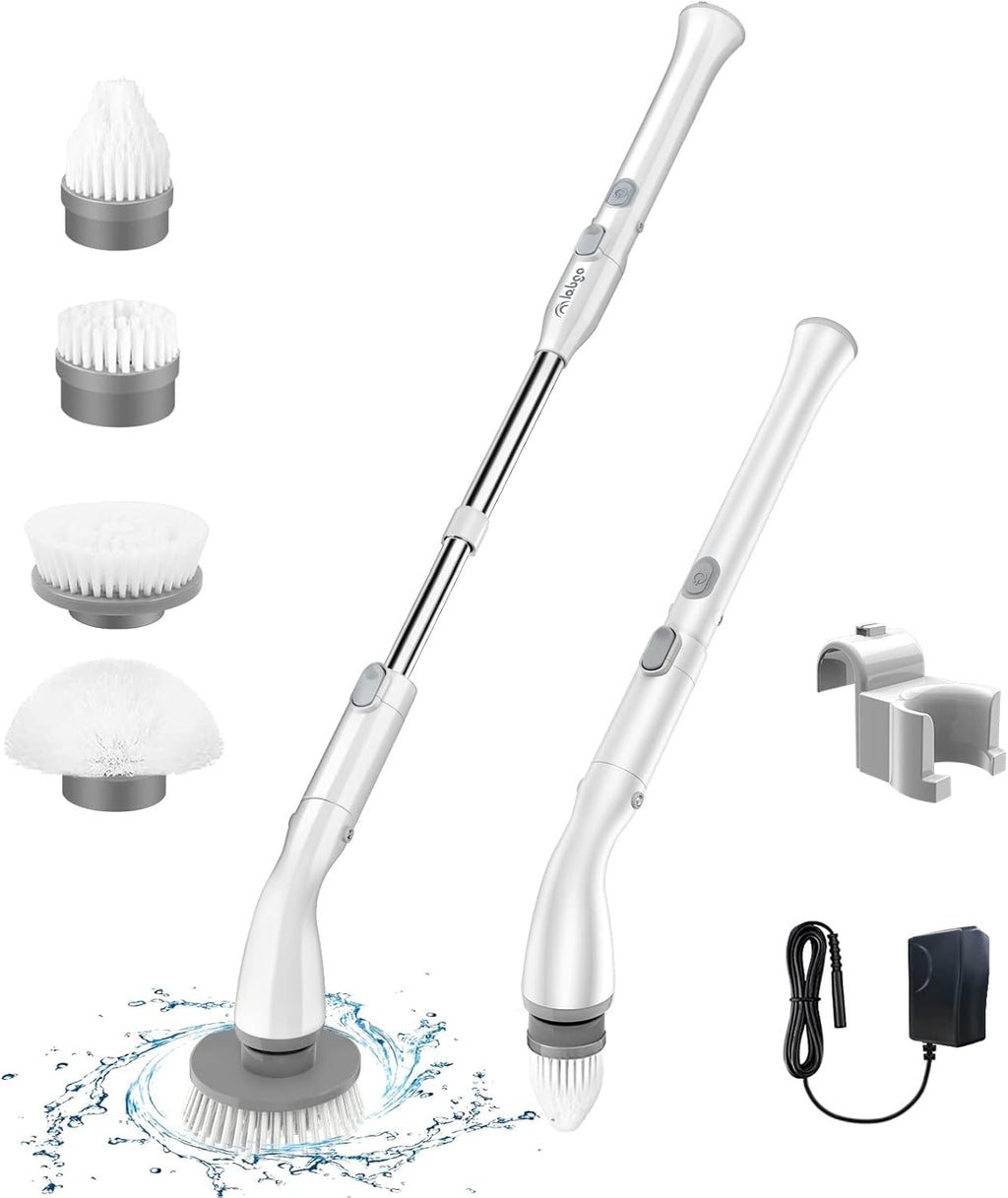 Electric Spin Scrubber with 4 Replaceable Brush Heads and Adjustable Extension Handle (White) Pack of 2 L343514