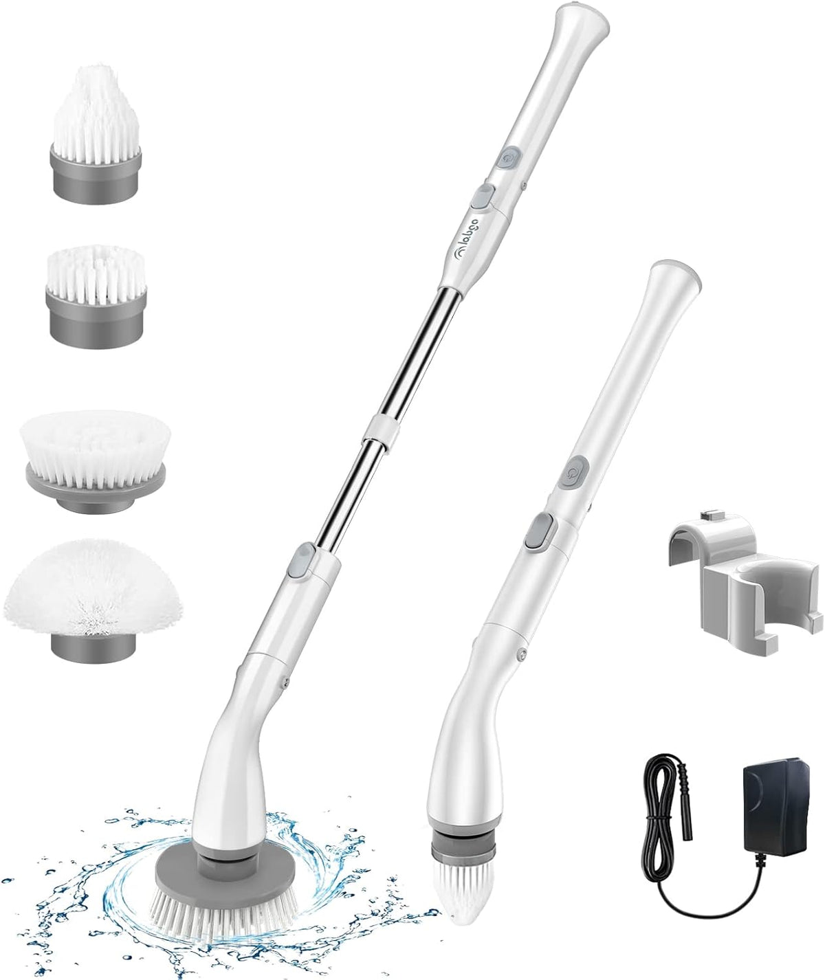 Electric Spin Scrubber with 4 Replaceable Brush Heads and Adjustable Extension Handle (White) Pack of 2 L343514