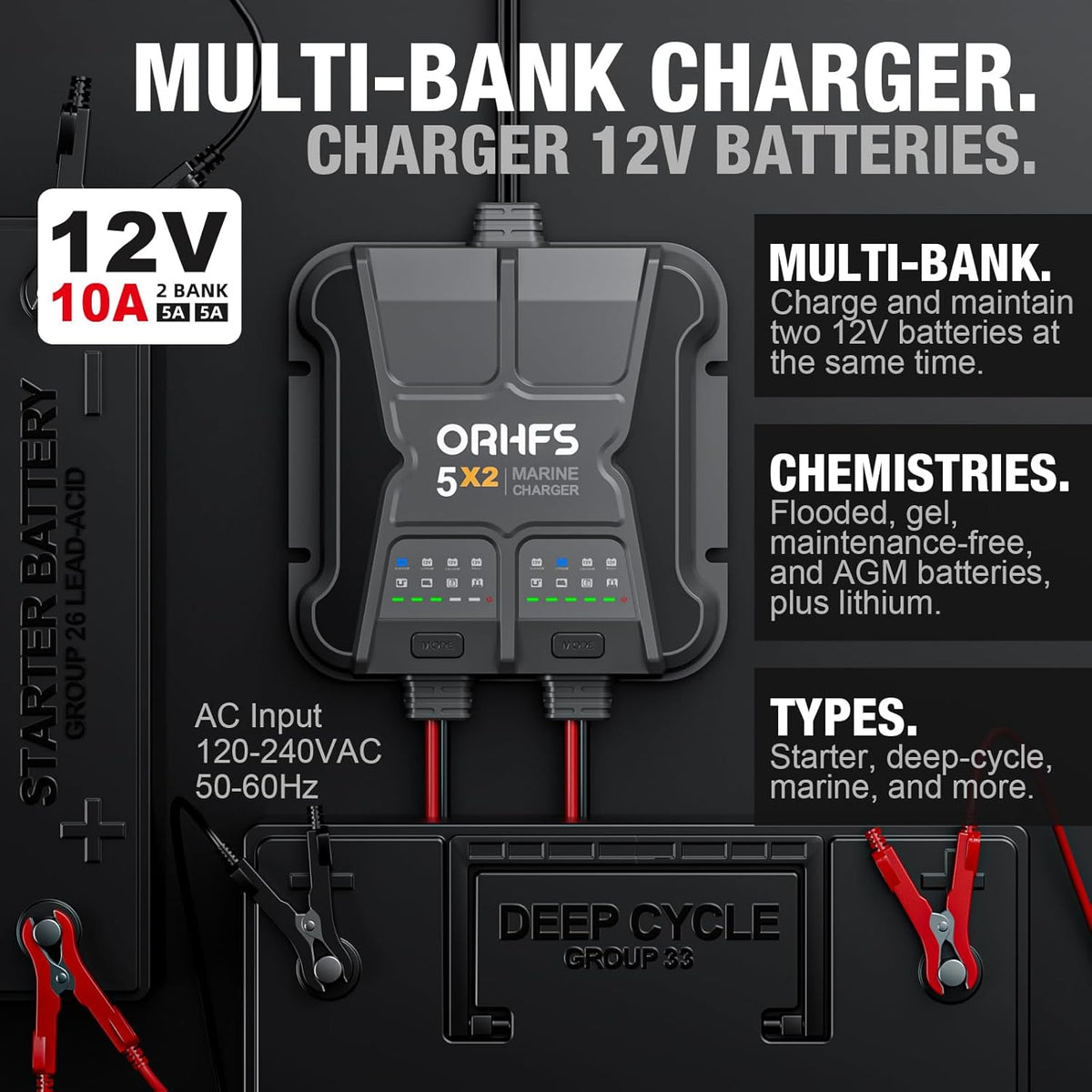 2-Bank 10A Smart Marine Battery Charger 12V Waterproof Onboard for SLA/AGM Lithium F888