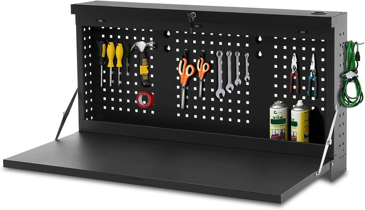 Metal Wall Mounted Folding Workbench with Pegboards (Black) G4830