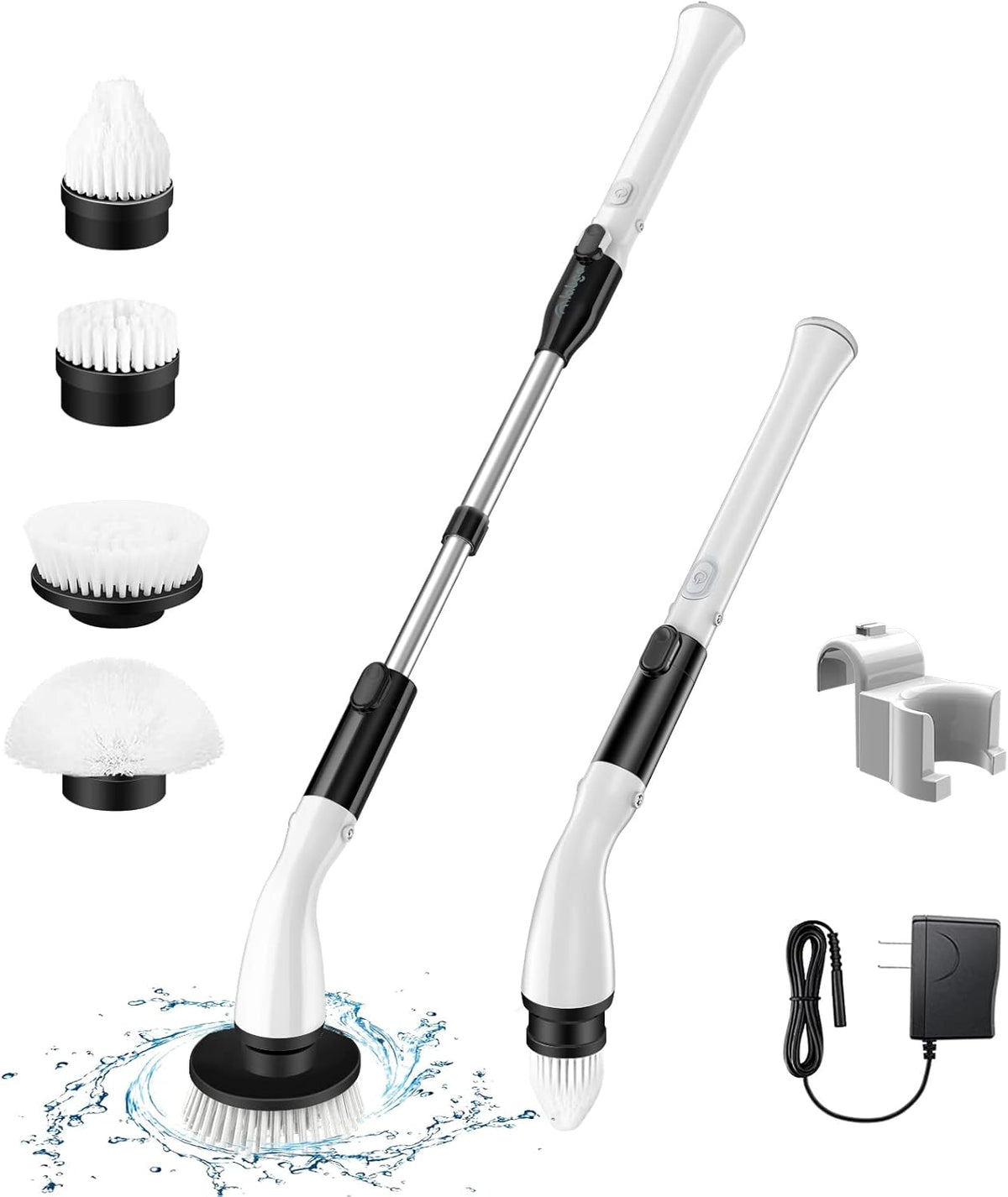 Electric Spin Scrubber with 4 Replaceable Brush Heads and Adjustable Extension Handle (White) Pack of 2 L343514