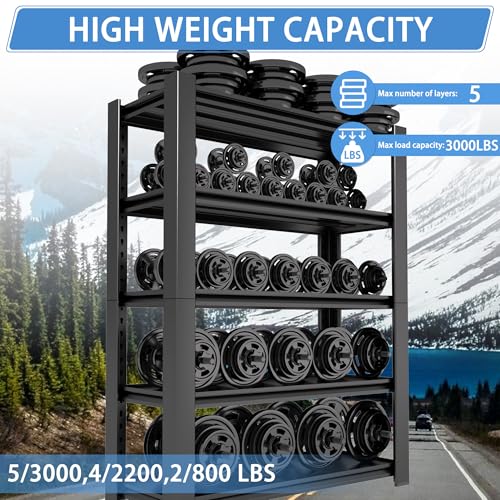 5-Tier Heavy Duty Garage Shelving Unit, 3000 LBS Capacity Metal Storage Rack 72" H x 48" W x 20" D, Adjustable Steel Shelves I7812