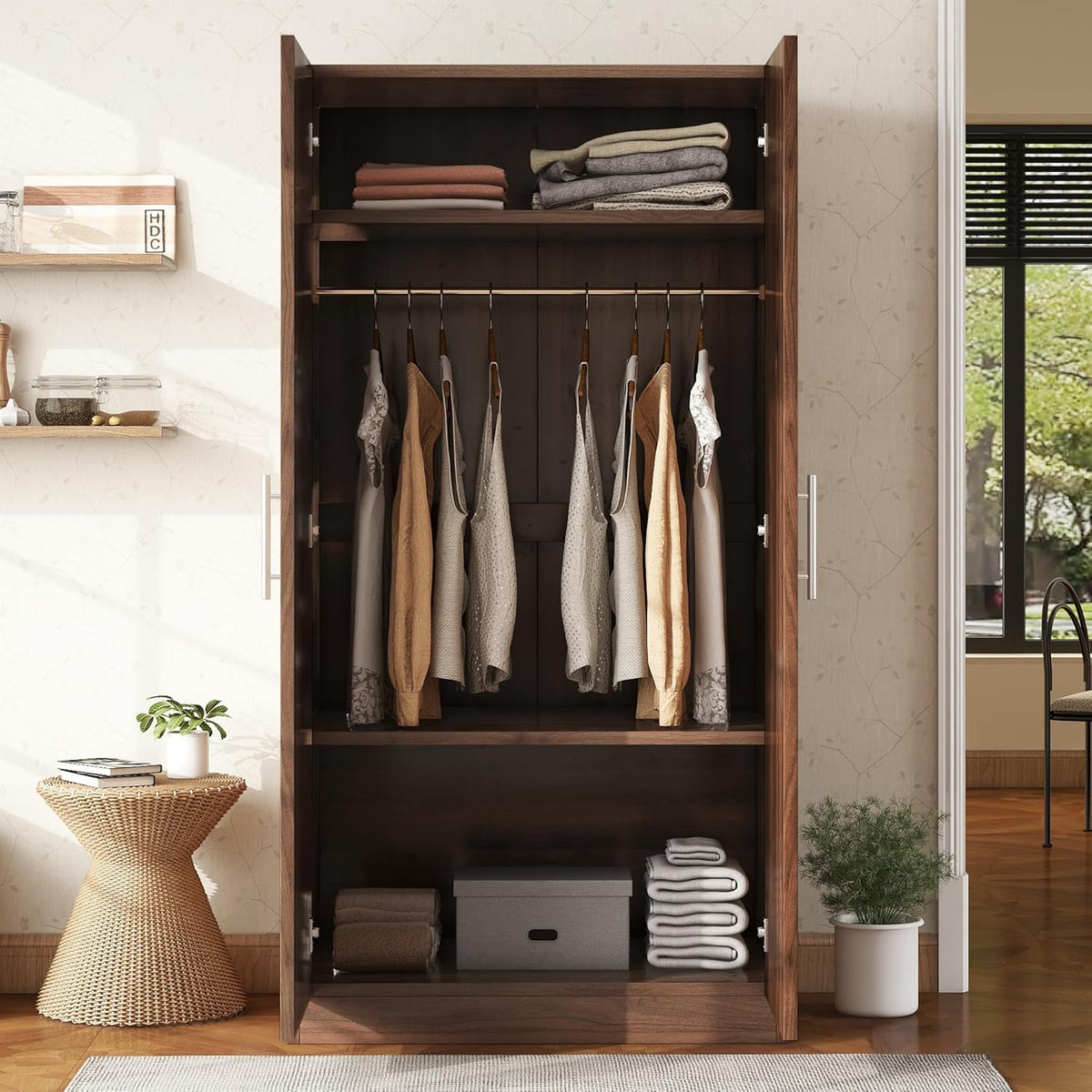 Freestanding Mirror Wardrobe with 2 Drawers & Shelves, Hanging Rod, Brown F584722