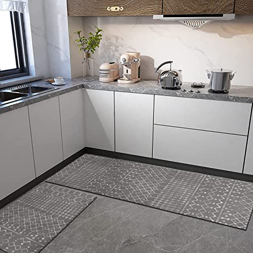 Boho Kitchen Mat Set of 2 Non Skid Washable Dark Grey 17"x47"+17"x30" F4350
