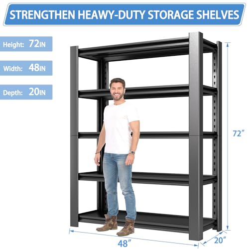 5-Tier Heavy Duty Garage Shelving Unit, 3000 LBS Capacity Metal Storage Rack 72" H x 48" W x 20" D, Adjustable Steel Shelves I7812