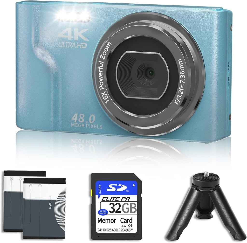 4K 48MP Mini Digital Camera with 2 Batteries, 32GB SD Card, Tripod, Black, Pack of 2 E722797