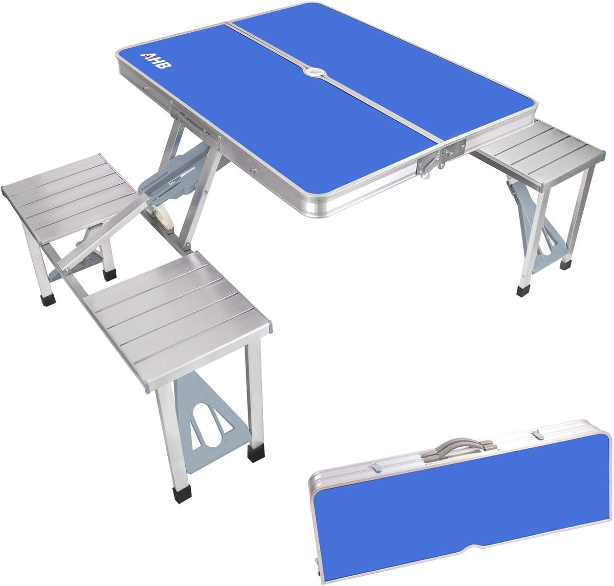 Blue Folding Camping Table with 4 Seats Chairs and Umbrella Hole V2532