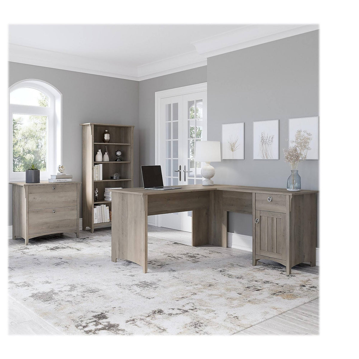 L Shaped Desk with Lateral File Cabinet and 5 Shelf Bookcase, Driftwood Gray M412904