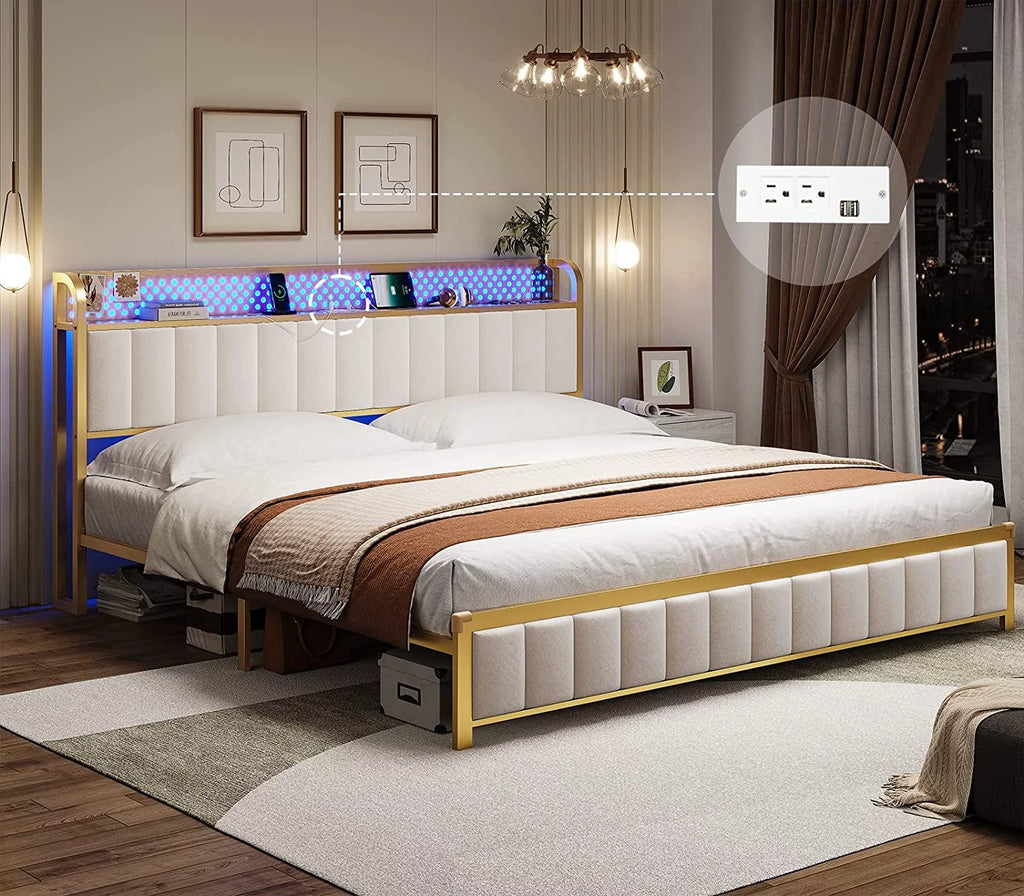 LED Queen Bed Frame with Storage Headboard and Drawers Z719