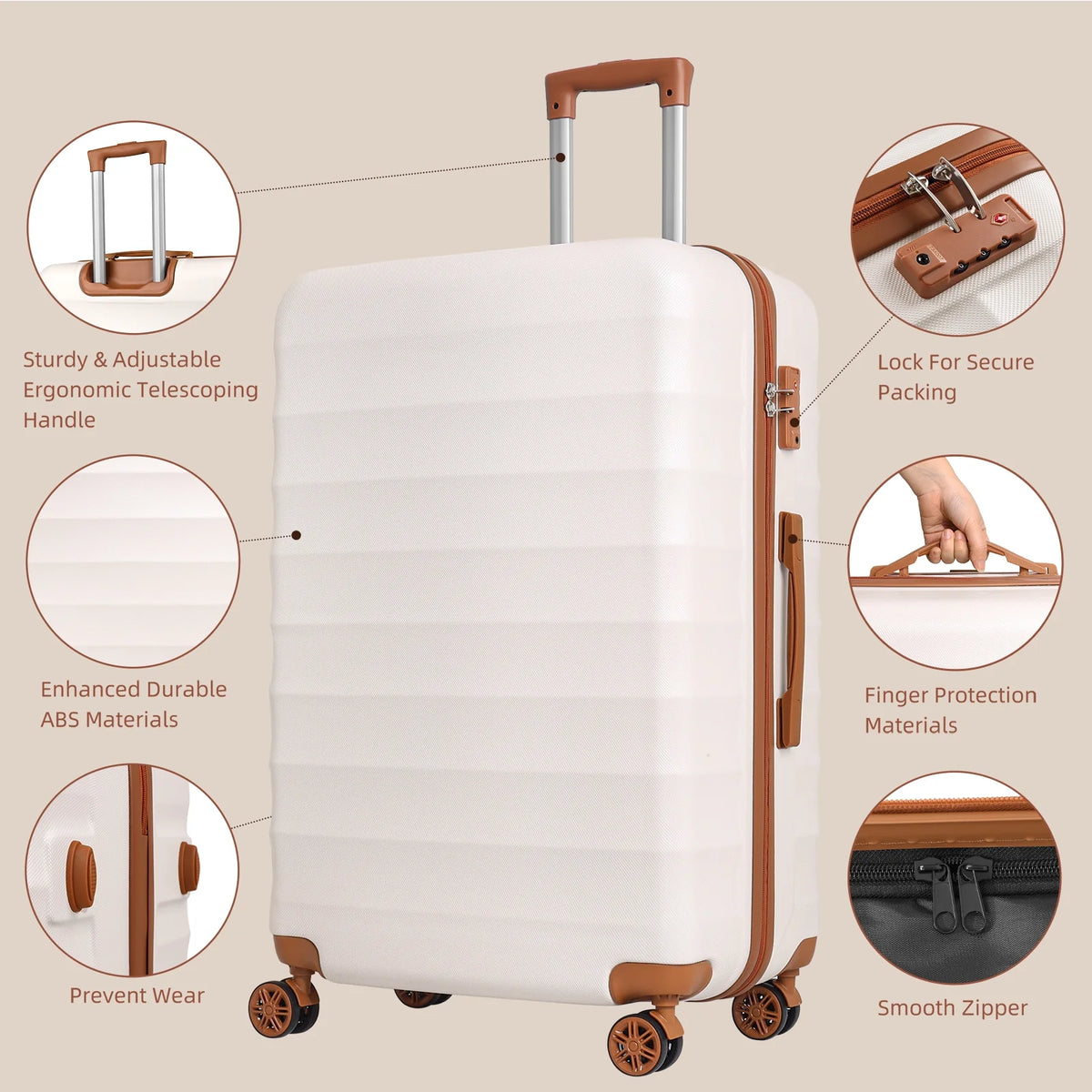 3 Piece Expandable ABS Hardshell Luggage Set Spinner Wheel Suitcase TSA Lock White Brown 20/24/28 Inch A330