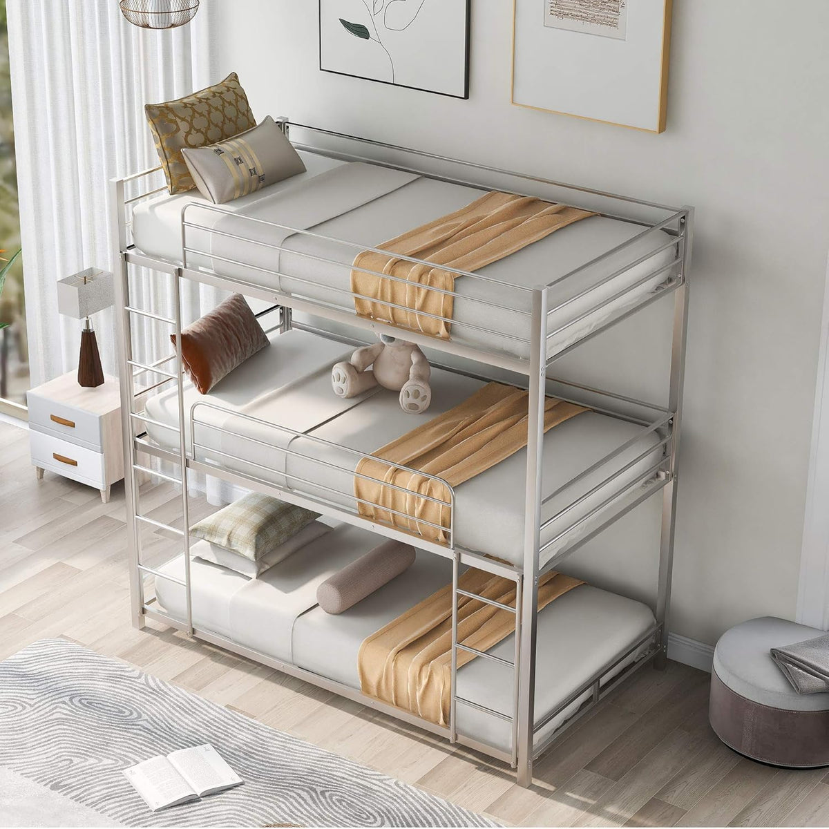 White Twin Metal Bunk Bed with Trundle O730