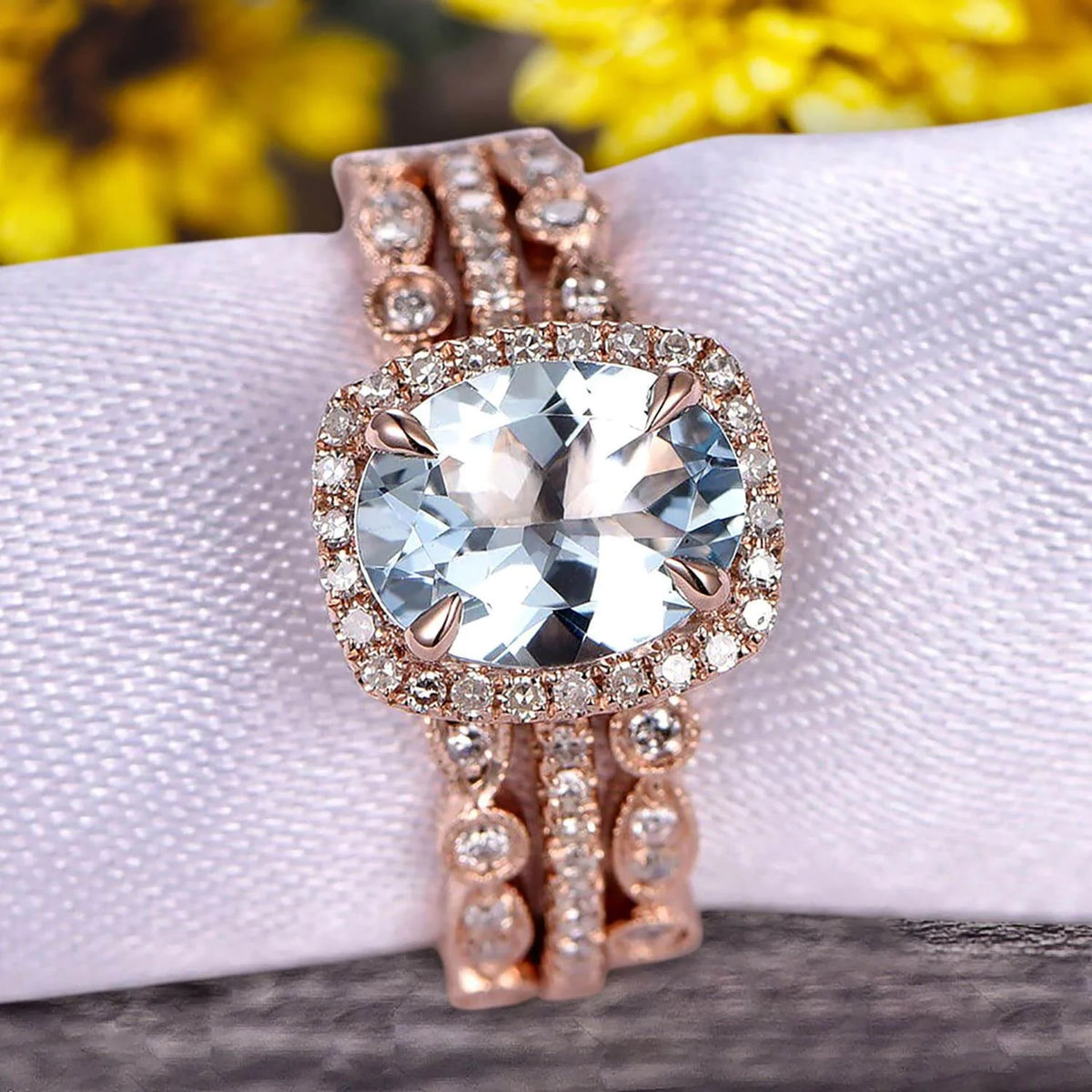 Oval Cut Aquamarine Engagement Ring 10k Rose Gold With Matching Wedding Band A8801