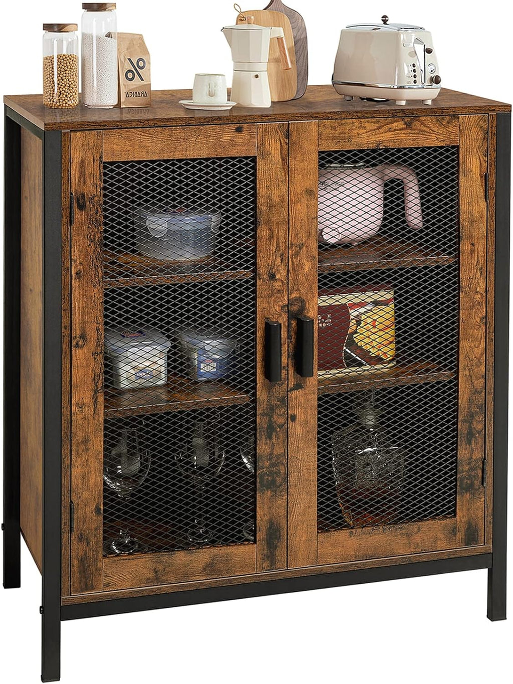 Rustic Brown 3-Tier Storage Cabinet with 2 Mesh Doors S442