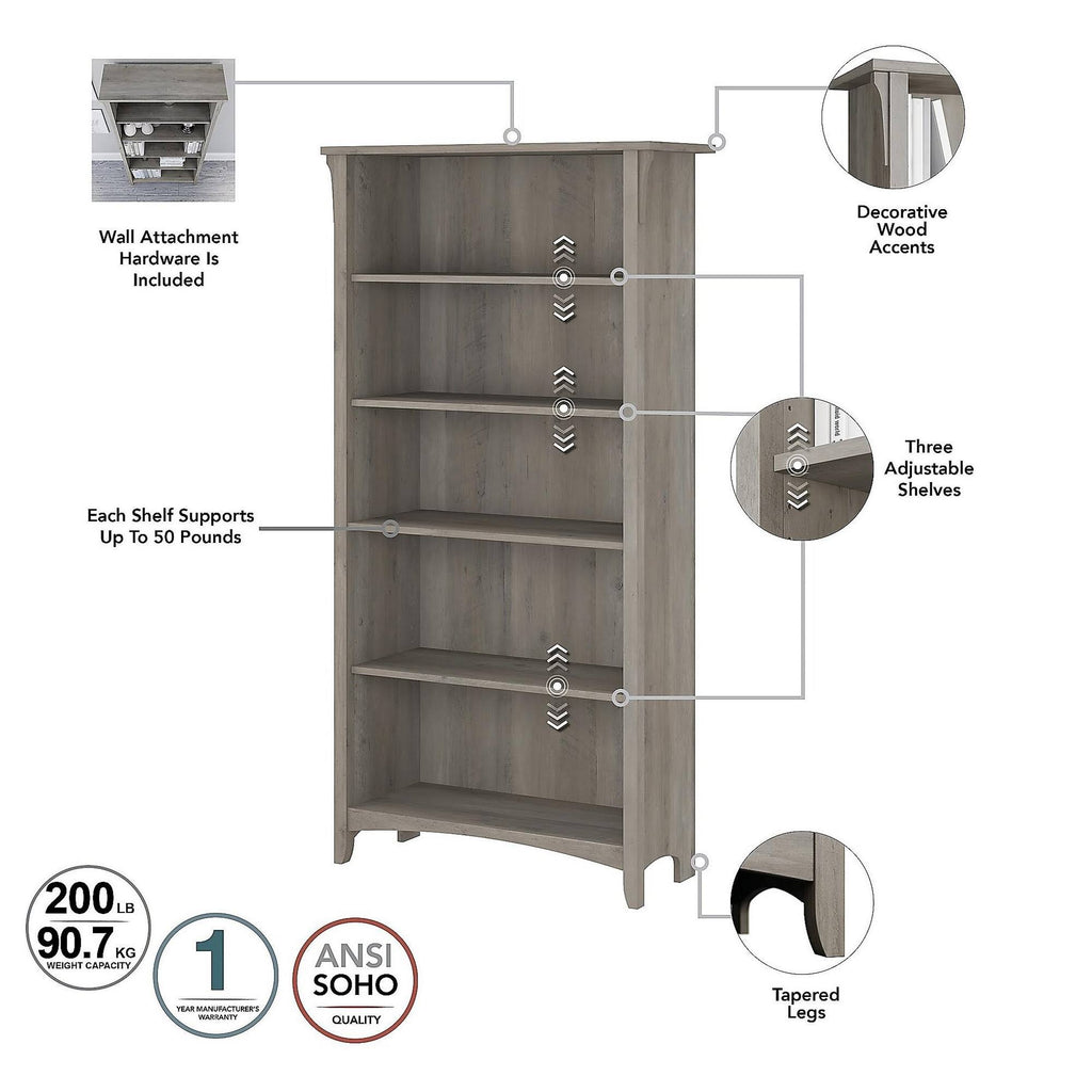 L Shaped Desk with Lateral File Cabinet and 5 Shelf Bookcase, Driftwood Gray M412904