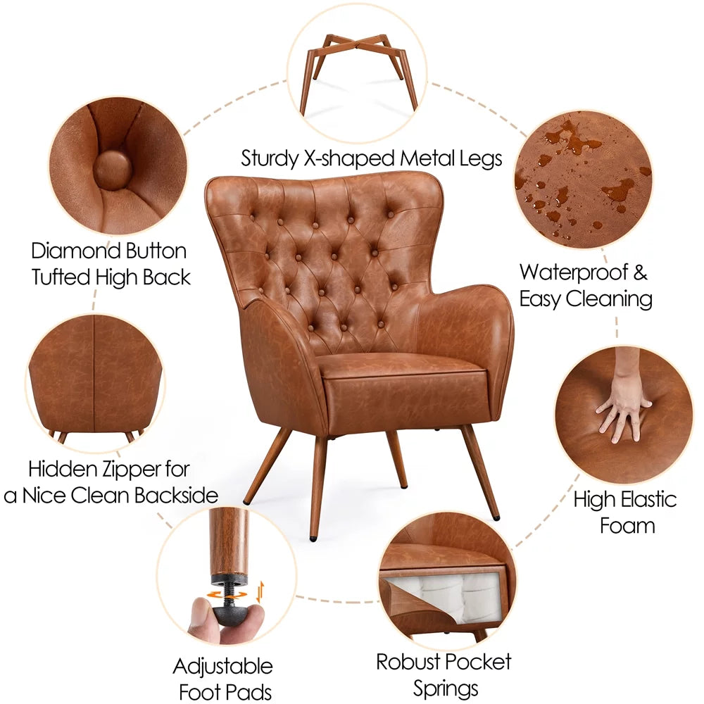 Brown Faux Leather Accent Chair with Tufted High Back L5213