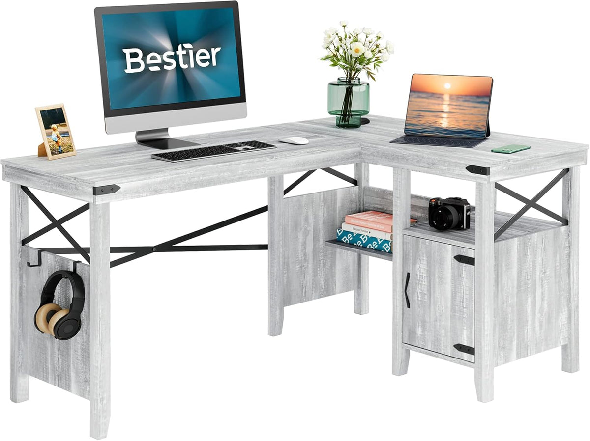 Gray L-Shaped Computer Desk with Storage Cabinet and Bookshelf C105530