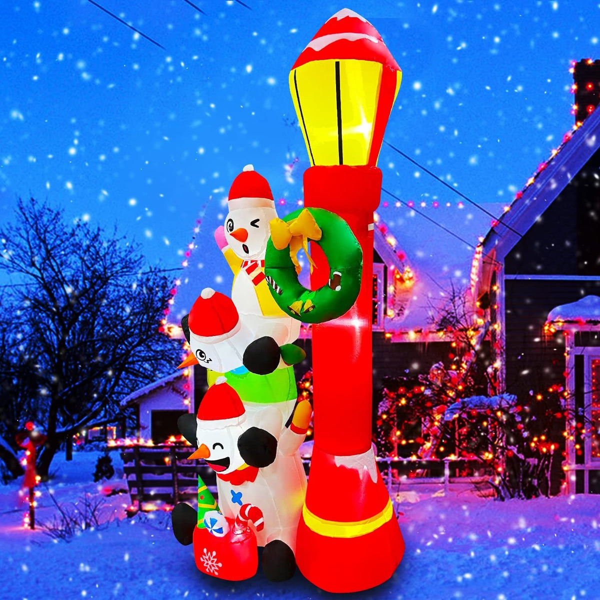 6 FT Inflatable Snowmans Stack of 3 with Street Light Sign N414