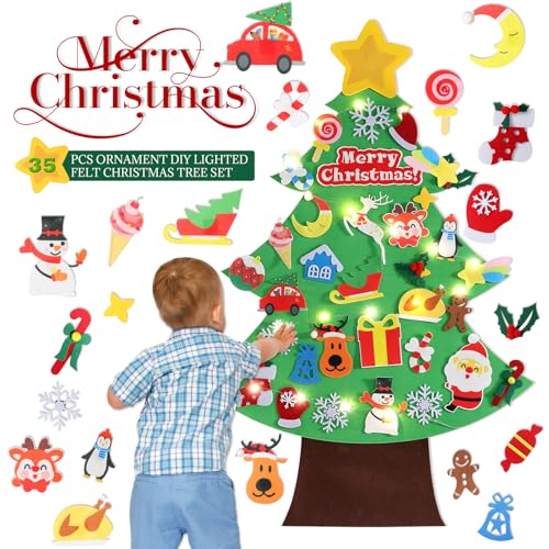 3.6 FT Felt Christmas Tree with Lights and 35 Pcs Ornaments F3182