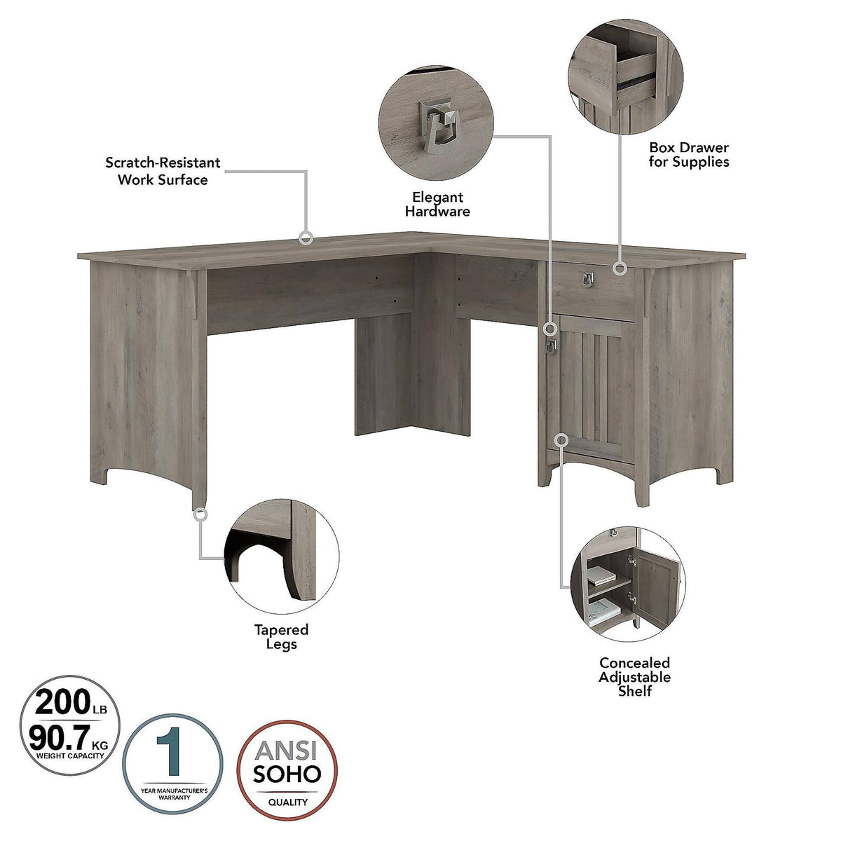 L Shaped Desk with Lateral File Cabinet and 5 Shelf Bookcase, Driftwood Gray M412904