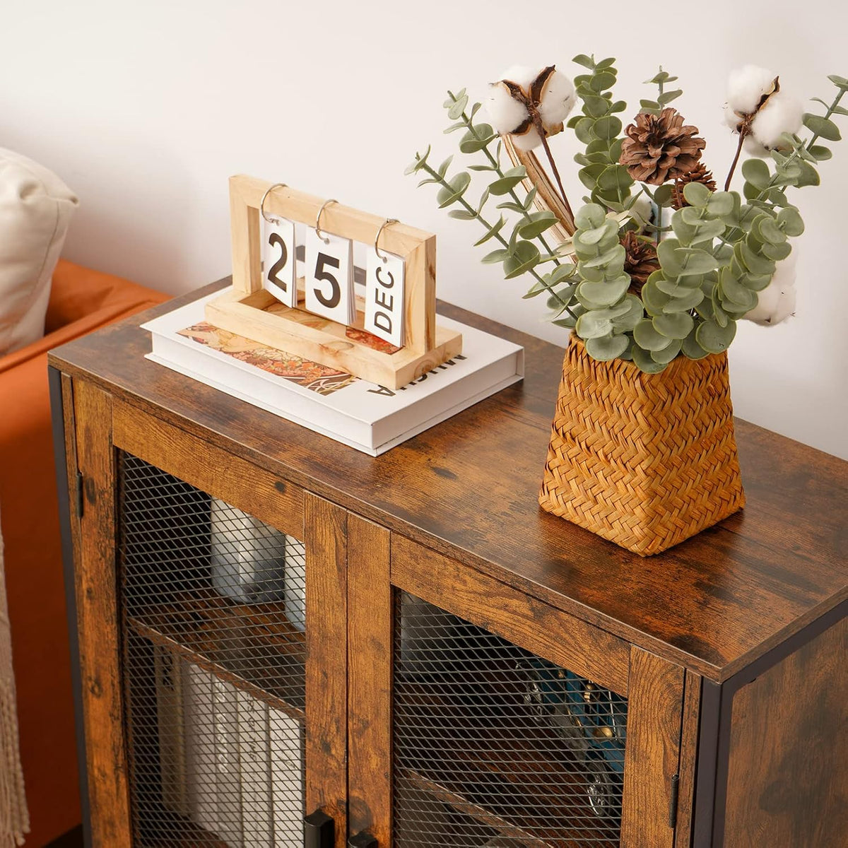 Rustic Brown 3-Tier Storage Cabinet with 2 Mesh Doors S442