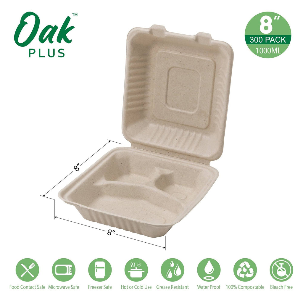 10 inch Natural Compostable Sugarcane Sectional Clamshell Containers, 300 Pack E570
