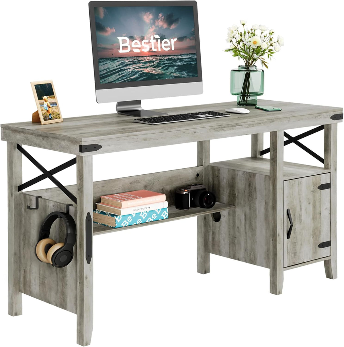 Gray L-Shaped Computer Desk with Storage Cabinet and Bookshelf C105530