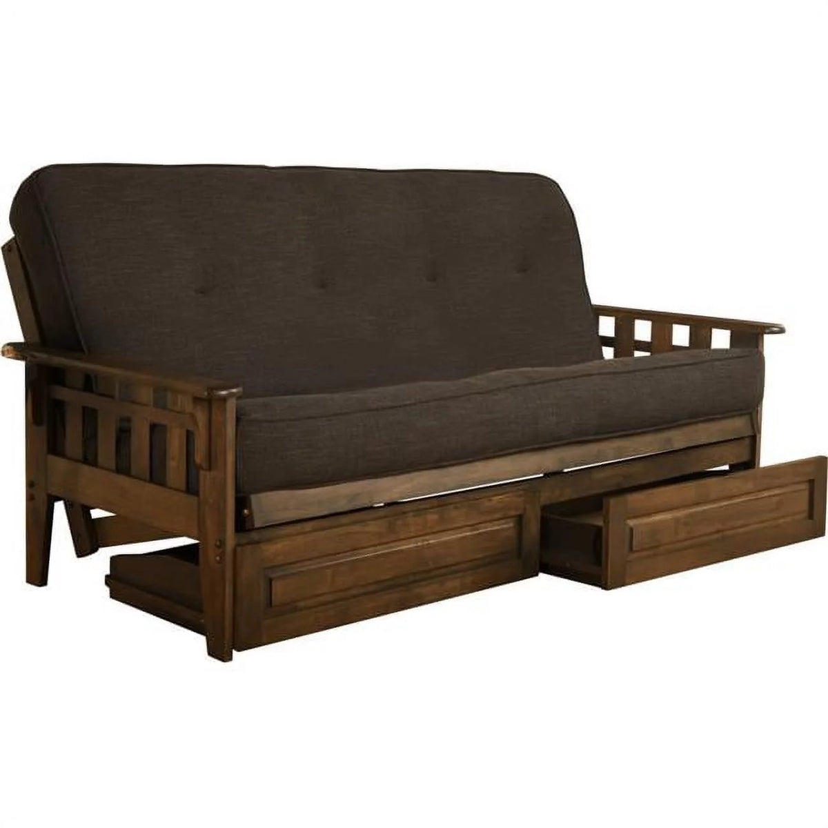 Walnut Full Size Futon Frame with Charcoal Mattress & Storage Drawers P881836