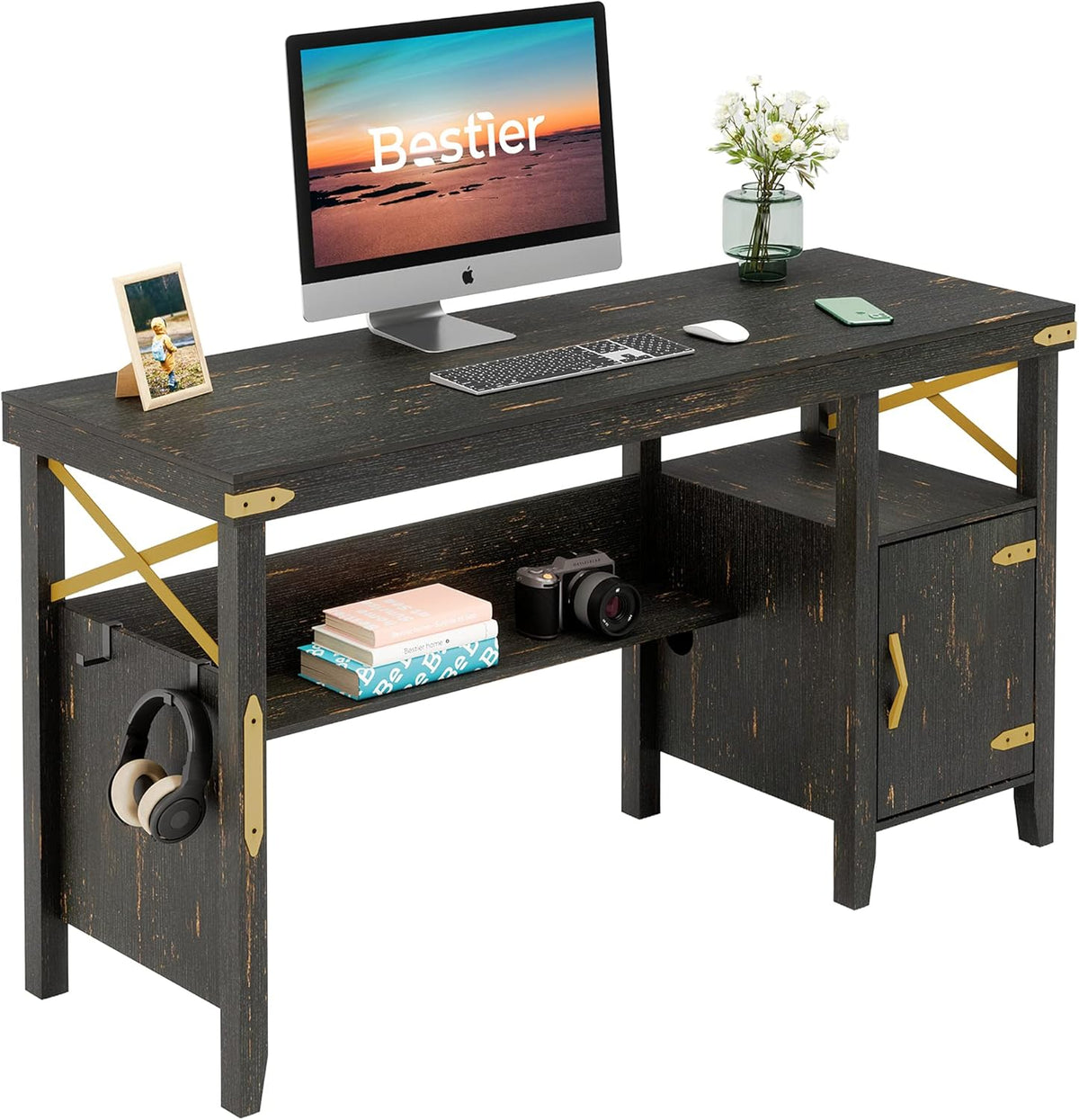 Gray L-Shaped Computer Desk with Storage Cabinet and Bookshelf C105530