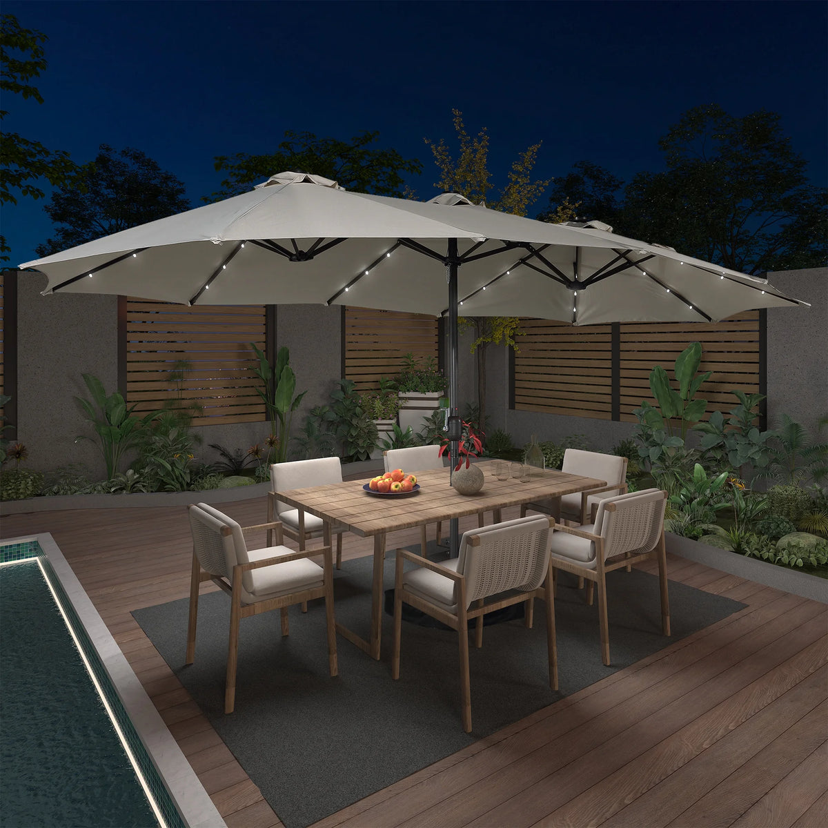 15ft Outdoor Solar Umbrella with 36 LED Patio Double-Sided Umbrella with Crank, Air-Vented Canopy, Base Included (Beige) G546