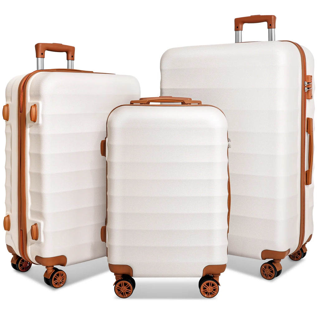 3 Piece Expandable ABS Hardshell Luggage Set Spinner Wheel Suitcase TSA Lock White Brown 20/24/28 Inch A330