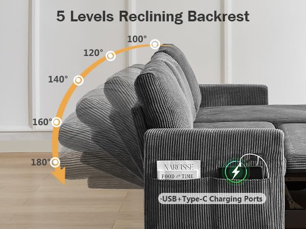 Corduroy Grey L Shaped Sleeper Sofa with Storage Chaise N15369