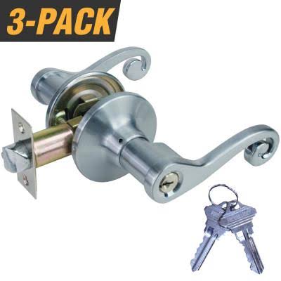 Satin Nickel Light Commercial Duty Door Handle Lock Set with 6 Keys Total, 3-Pack O69326
