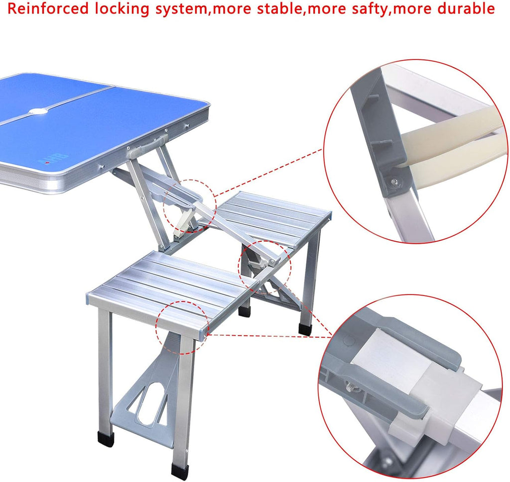 Blue Folding Camping Table with 4 Seats Chairs and Umbrella Hole V2532