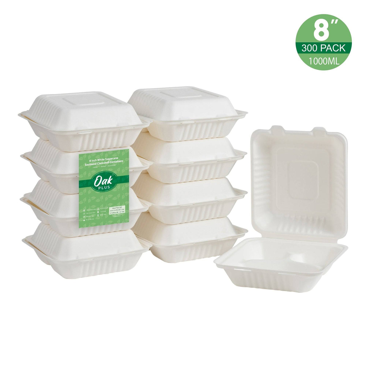 10 inch Natural Compostable Sugarcane Sectional Clamshell Containers, 300 Pack E570