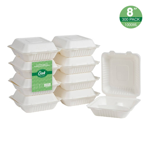 10 inch Natural Compostable Sugarcane Sectional Clamshell Containers, 300 Pack E570