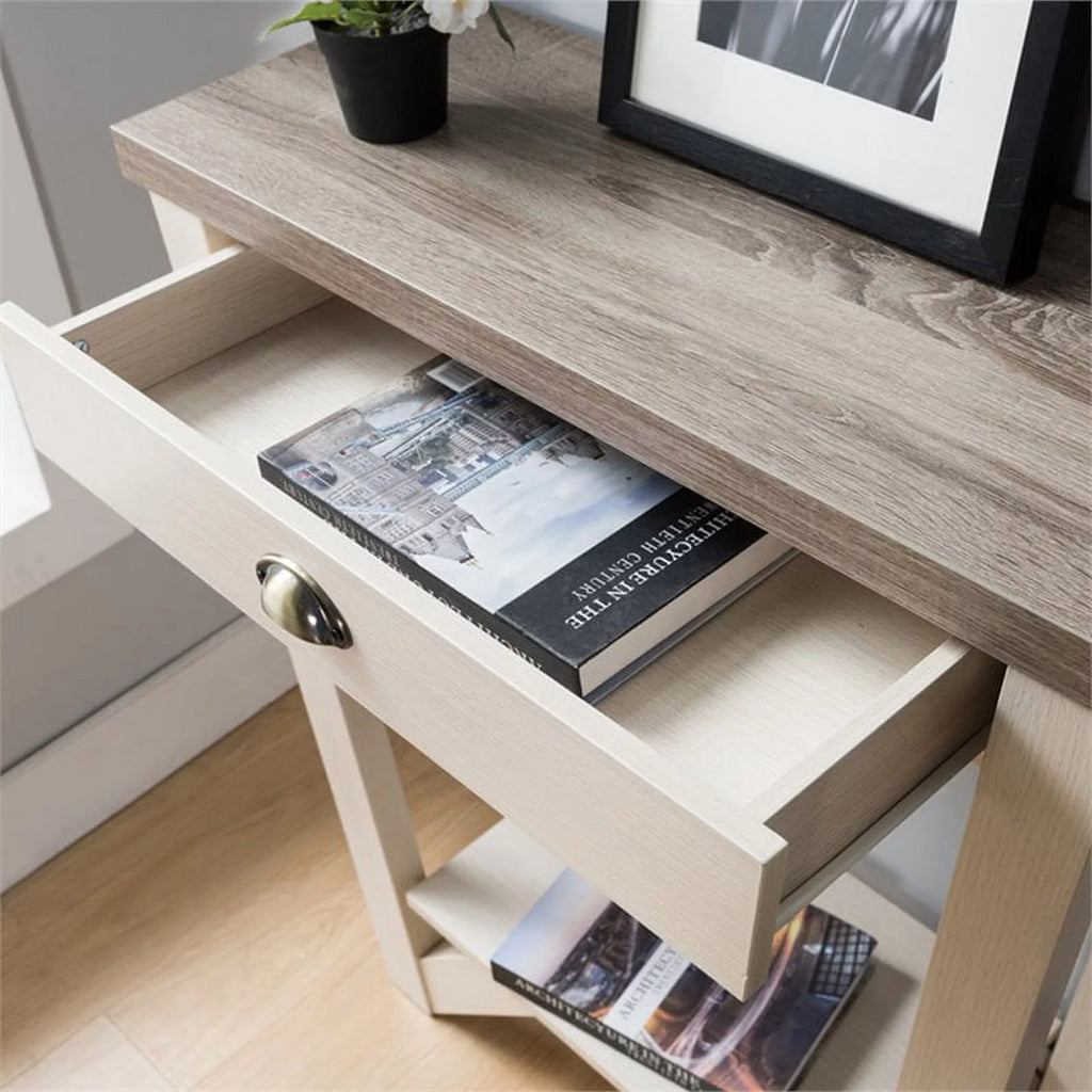 Contemporary Wood 1-Drawer Console Table in Ivory and Light Oak U75276