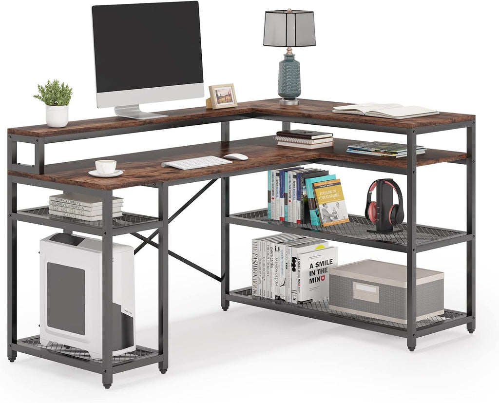 L Shaped Desk with Monitor Stand and Storage Shelf Q90992