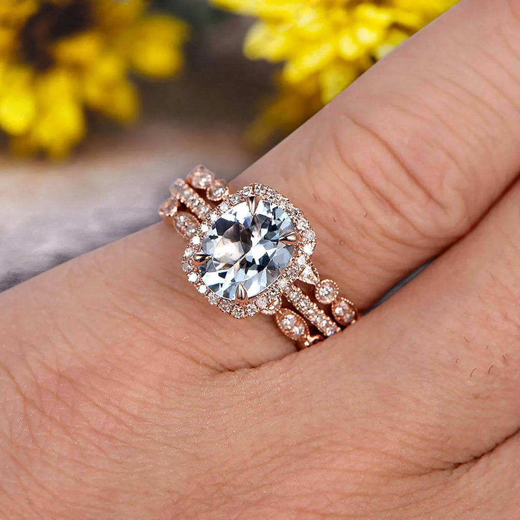 Oval Cut Aquamarine Engagement Ring 10k Rose Gold With Matching Wedding Band A8801