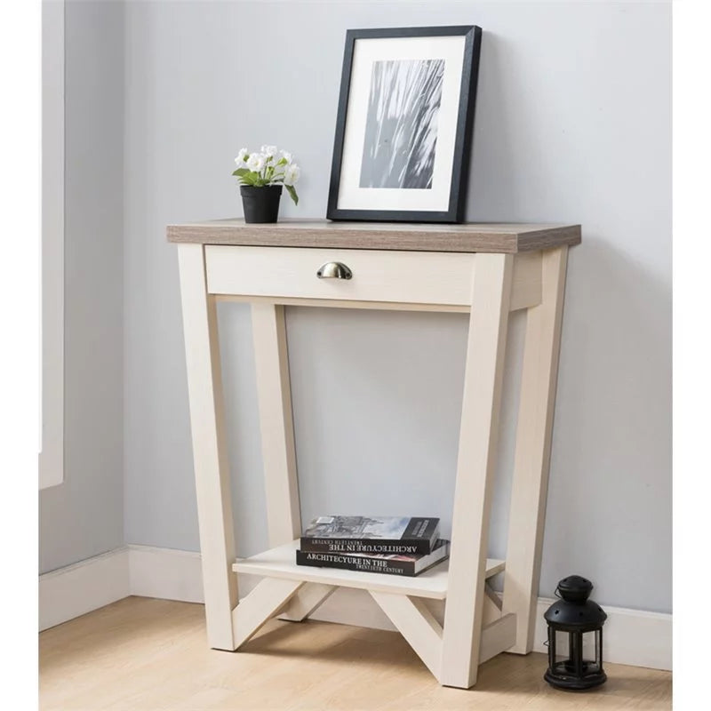 Contemporary Wood 1-Drawer Console Table in Ivory and Light Oak U75276