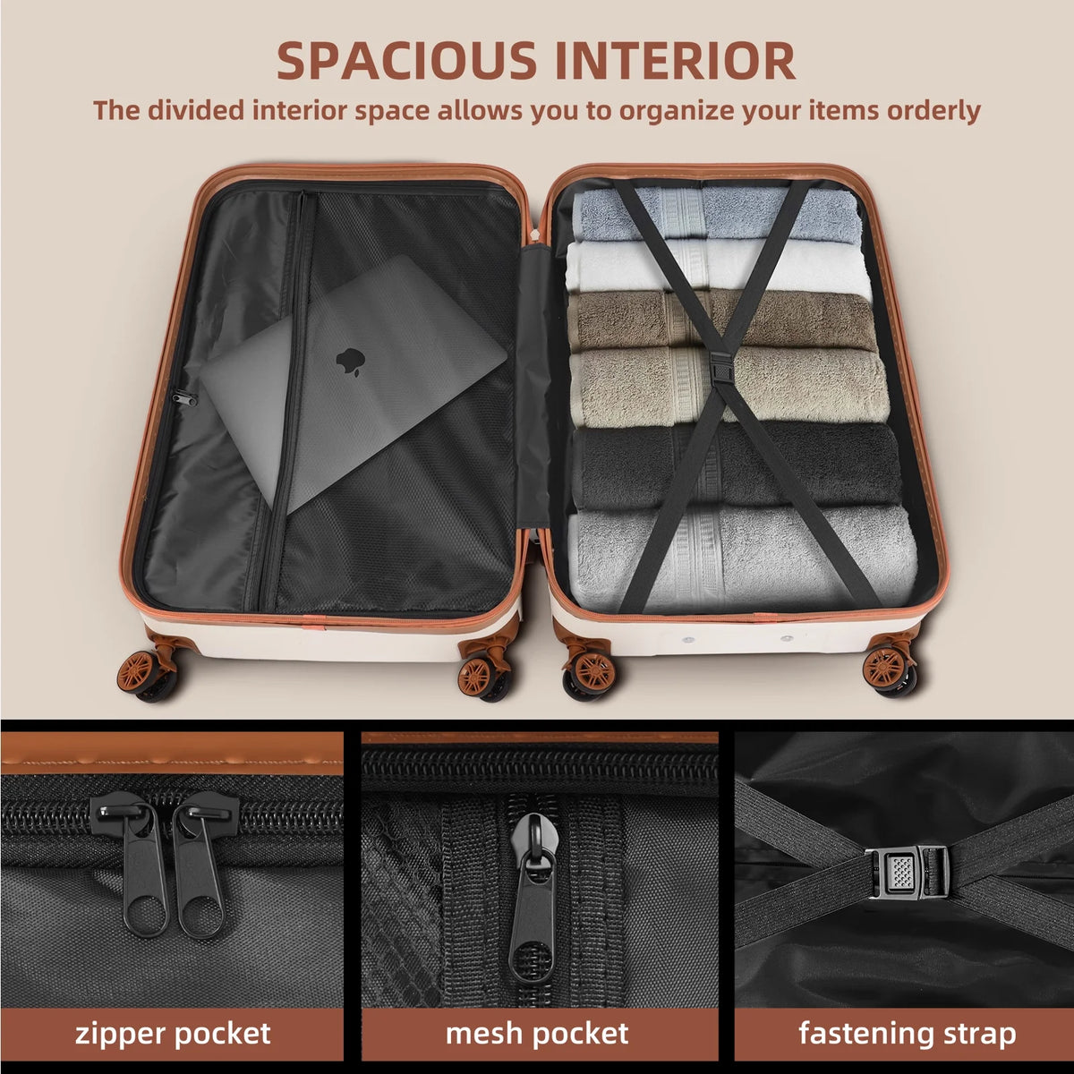 3 Piece Expandable ABS Hardshell Luggage Set Spinner Wheel Suitcase TSA Lock White Brown 20/24/28 Inch A330