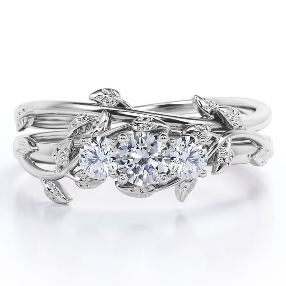 1 Carat Round Brilliant Cut Moissanite Triple Stone Wedding Ring Set in 18K White Gold Plating over Silver X31478