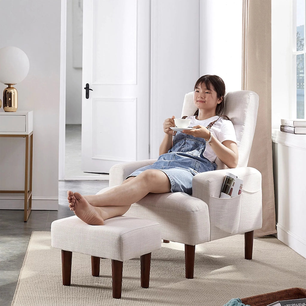 Cream White Recliner Sofa Chair with Ottoman S414684